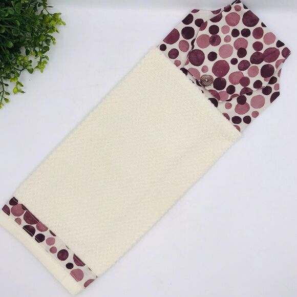 Hanging Kitchen Towel: Faded Plum Purple Dots Topper, Button Closure - Picture 2 of 5